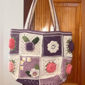 Handcrafted Floral Crochet Tote Bag - Purple and Cream
